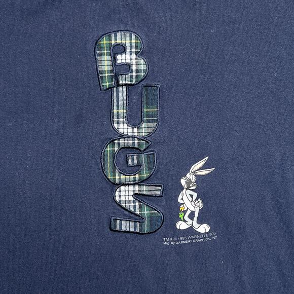 Vintage 90s Looney Tunes Bugs Bunny Plaid Spell Out Long Sleeve Shirt Navy Retro - Picture 2 of 9